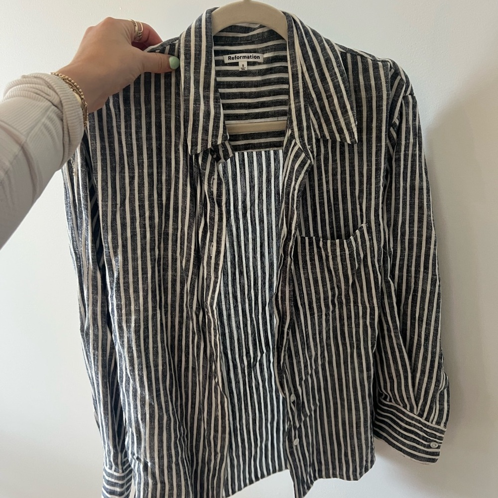 Reformation Navy and White Striped Blouse